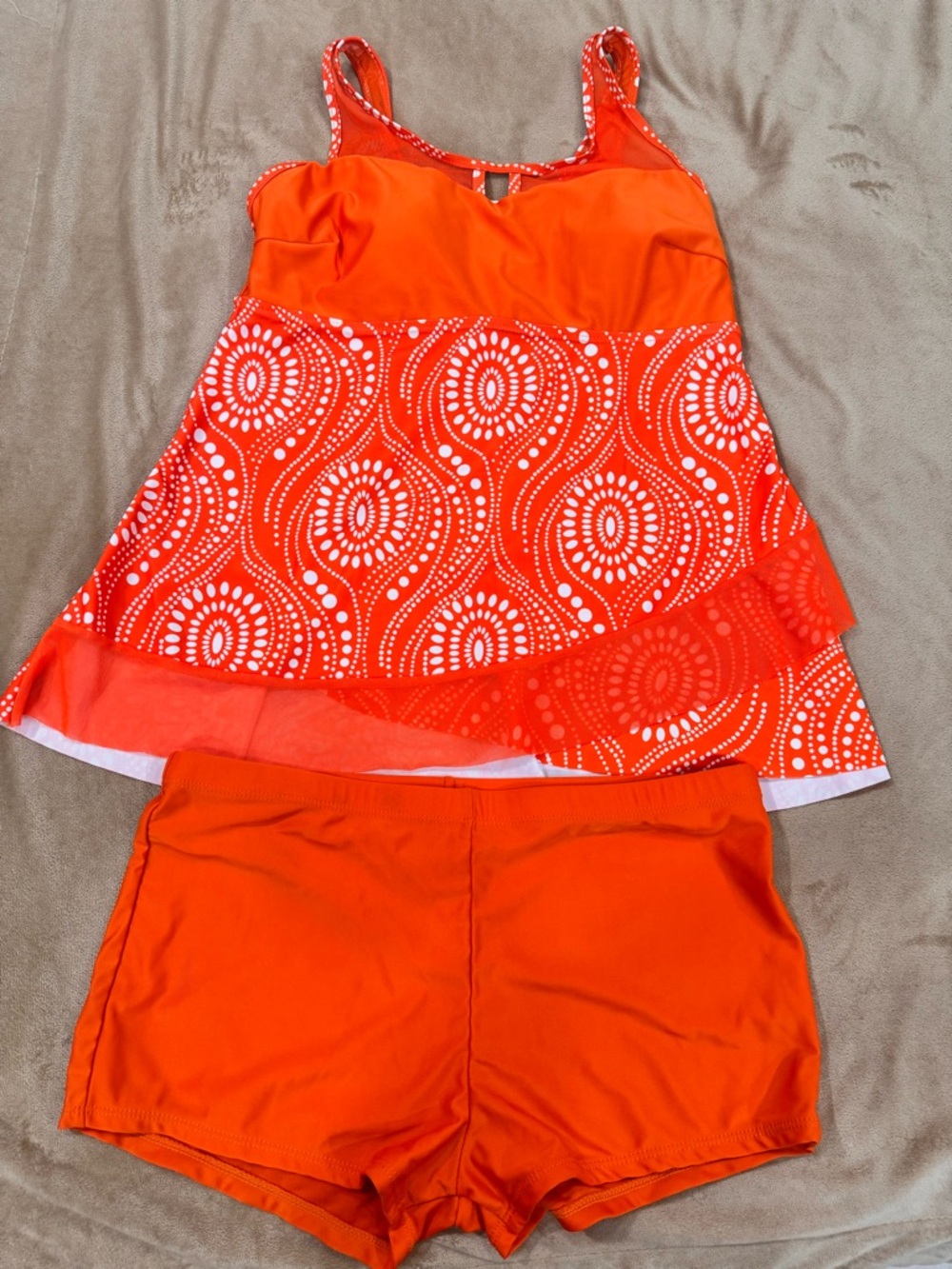 Girls Orange Printed Tankini Swim Dress with Swim Shorts size 12